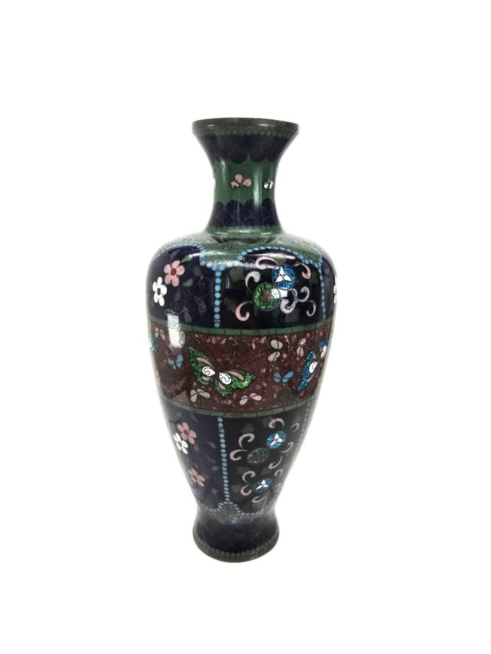 Cloisonné Vase Butterfly & Floral Motif on Copper 8" Vintage JE378